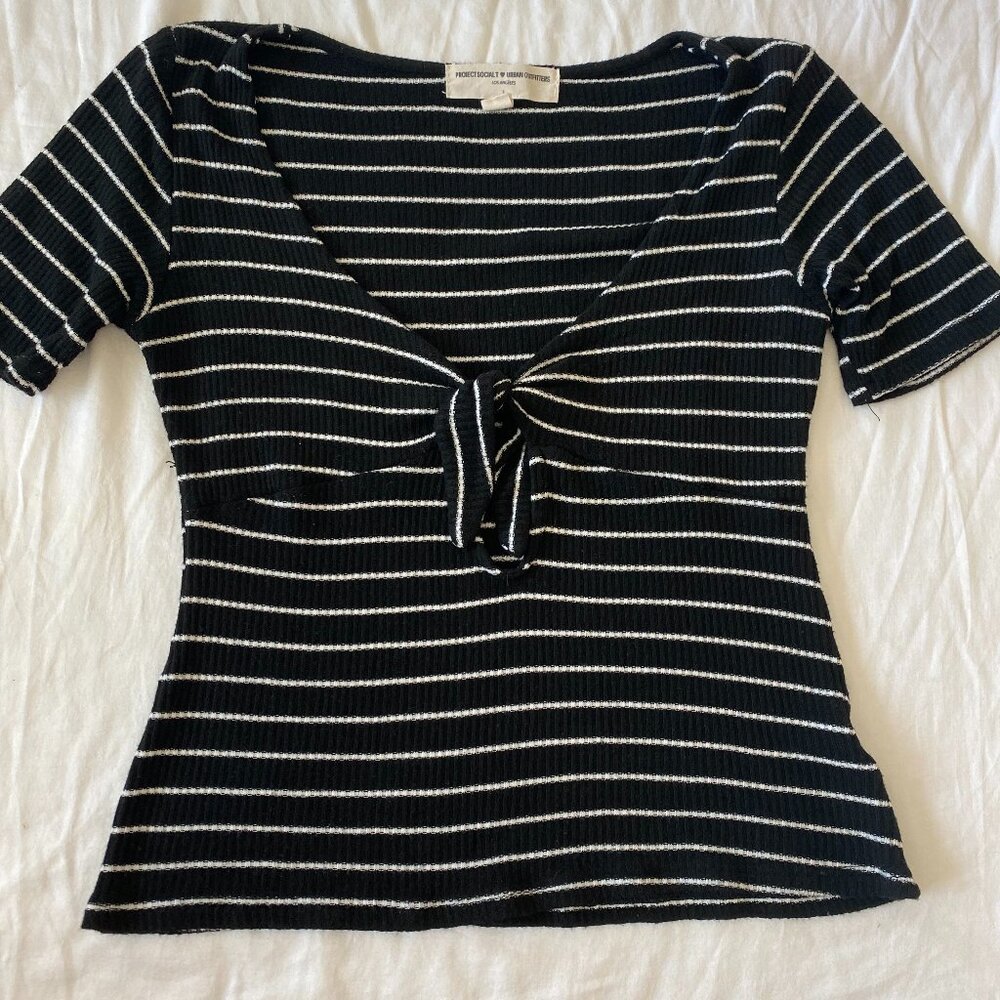 Project Social T Cropped Striped Tee Shirt with Bow and tiny hole cut out! SizeS